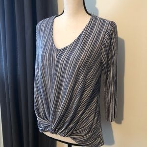 3/4 sleeve twist front striped shirt